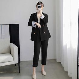 Plus size 5XL suit trouser High-quality double-row jacket feminine Office interview clothing spring and autumn 210527