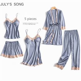 JULY'S SONG 5 Pieces Pyjamas Set Sexy Lace Satin Silk Sleepwear Women Summer Spring Fashion for Robe Sleep Lounge 210830