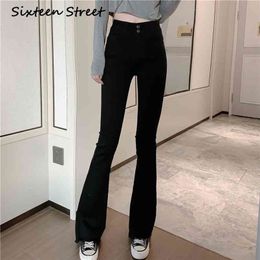 Women Pants Female Jeans High Waist Trouser Casual Sexy Vintage Flare Washed Denim Black Cotton Korean Style Elasticity 210809