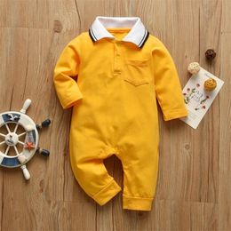Newborn Boy Rompers Solid Colour Gentleman Style Long Sleeve Jumpsuit Cotton Infant Clothing Autumn Toddler Baby Clothes 210309