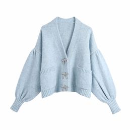 Sweet Women Sky Blue Sweater Fashion Ladies Diamonds Button Coats Elegant Female Chic Knitted Puff Sleeve Cardigan 210527