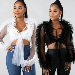 Women's Blouses & Shirts 2021 Summer Women Mesh Sheer Sexy Blouse Ladies Ruffle Long Sleeve V Neck Bandage Crop Top See Through Club Tops