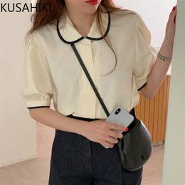 Women Blouses Chic Summer Hit Color Peter Pan Collar Puff Sleeve Shirts Causal Korean Camisas Mujer 6J106 210603