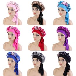 Printed Lace-Up Wide Brim Elastic Band Night Sleep Hats Women's Satin Long Tail Cap Hair Care Beauty Bonnets Headwear