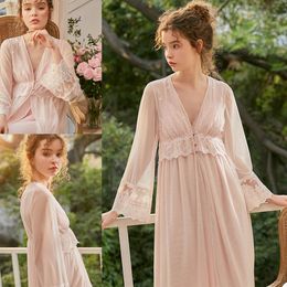 Two Pieces Sleepwear Pink Long Sleeves Custom Made Floor Length Nightgown Lace with Beads Womens Designer Pyjamas Free Shipping