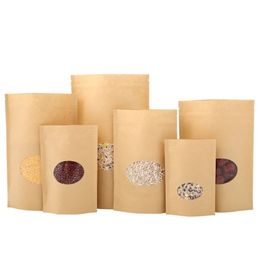 Kraft Paper Bags Reusable Sealing Food Pouches Stand-up Fruit Tea Gift Package with Transparent Window Packing