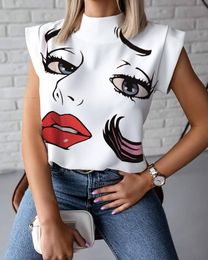 Sexy Womens Summer T-shirt Stand Collar Lips Printed Tops Tees Sleeveless Ladies Acetate Size S-2xl Blouses Women Woman Clo 670