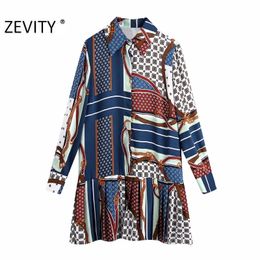 Zevity Women Vintage Patchwork Geometric Chain Print Hem Press Pleated Mini Shirt Dress Office Ladies Chic Court Vestido DS4620 210303