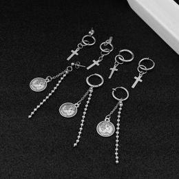 Hoop & Huggie 1PC Vintage Punk Cross Coin Chain Earrings Women Men Jewelry Stainless Steel Metal Color Beauty Head Long Tassel