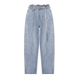 PERHAPS U Women Blue Drawstring Ruffles Solid Jeans Pocket Empire Casual Straight Ankle Length Pants P0017 210529