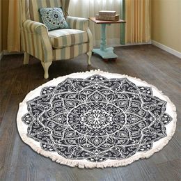 Retro Bohemian Living Room Carpet Home Decor Round Carpet Hand Woven Cotton Linen Carpet Rug Bedside Rug Geometric Floor Mat 211204