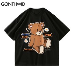 GONTHWID Tshirts Hip Hop Cartoon Bear Print Short Sleeve Cotton Tees Shirts Streetwear Mens Harajuku Casual Loose T-Shirts Tops C0315