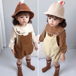 Autumn Boys Girls Clothes Set Baby Long Sleeve Embroidered Bodysuit And Toddler Corduroy Overalls Jumpsuit Infant Outfits 210309