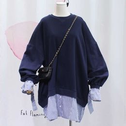 Spring and Autumn Long Sleeve Sweater with Stripes Shirt Fake Two-piece Dress Round Neck Butterfly Women's 210615