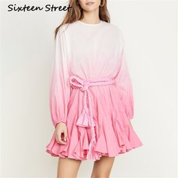 Spring Gradient pink color Dress Womna lantern sleeveless with blet Chic Fashion boho mini dress female fashion autumn 210603