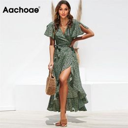 Aachoae Long Wrap Dress Summer Boho Style Floral Print Maxi Beach Dress Sexy Side Split Party Dress Sundress Vestidos 210309