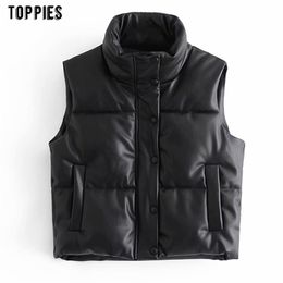 Toppies Black Pu Leather Vest Woman Jacket Coat Autumn Winter Outwear Puffer Female 210819