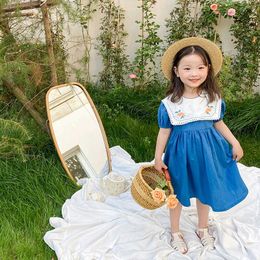 HAYANA 2021 Summer New Girls Dress Korean Embroidered Flower Lapel Short Sleeve Dress Q0716