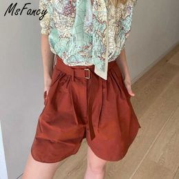 Msfancy Summer High Waist Shorts Women Plicated Design Wide Leg Casual Short Pants with Belt 210604