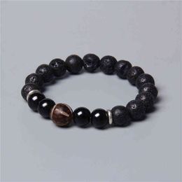 10mm Natural Lava Stone Beads Bracelet Craftwork Carved Wooden Charm s Healing Energy Yoga Jewellery Men Women