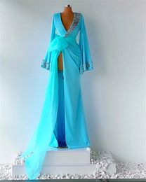 Elegant Deep V Neck Blue Evening Dresses With Long Sleeves Sexy Front Split Beaded Plus Size Arabic Style Prom Party Gowns Vestidos De Novia