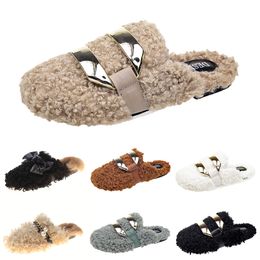 Newly autumn winter womens slippers metal chain all inclusive wool slipper for women grey outer wear plus big szie Muller half drag shoes