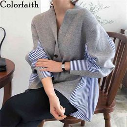 Colorfaith Spring Women's Sweaters Patchwork Srtiped Knitting V-Neck Stylish Knitted Button Cardigans Loose Tops SWC1816 210914