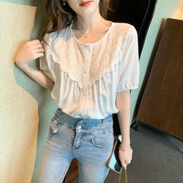 Korean Chiffon Women's Shirt Blouses for Women Short Sleeve Lace Female Top O-neck Solid Patchwork OL 210604