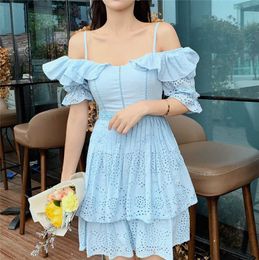 Elegant Ruffle Off Shoulder Slash Neck Women Cotton Dress Spaghetti Strap Hollow Out Pleated Dresses Female Sweet Short Sundress 210527