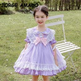 Spring Kids Girl Dress Lace Bow Purple Short Puff Sleeves Princess Dresses Wedding Piano Perform Party Clothes E1002 210610