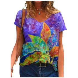 Women 3D Leaves Printed Summer T Shirts Casual V-Neck Short Sleeve Loose Tops Female Multicolor Tee Oversized S-3XL 210526