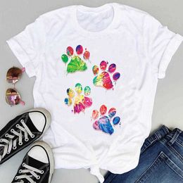 Women Cartoon Watercolor Paw Pet Dog Cute Fashion Print Graphic Summer Short Sleeve Female Clothes Tops Tees Tshirt T-Shirt X0628