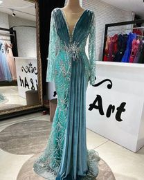 2022 Arabic Velvet Mermaid Prom Dresses Luxury Beading Sequined Pleats Long Sleeve Formal Evening Gowns Robe De Soiree
