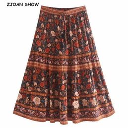 Bohemian Stream Flower Print Long Skirt Stitching Ruched Ruffle Hem Holiday Women Lacing up Stream Waist Swing Skirts Beach 210310