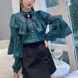 Femininas Ruffle Lace New Spring Blouse Shirts Women Tops Long Sleeve Bow Vintage shirt Women's Elegant harajuku Shirt 559B 210225