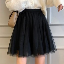 Spring Women Mini Skirt Korean Mesh High Elastic Waiste Solid Black Skirts Tulle Skirts Women Clothing 210309