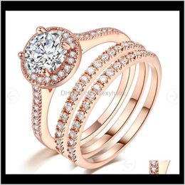 Cluster Jewellery Fashion Exquisite Rose Gold Colour Three Pcs Crystal Finger Rings Set For Women Filled Zircon Wedding Party Jewellery Ring Drop