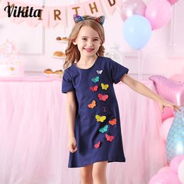 VIKITA Cotton Dress for Girls Baby Girl Children Casual Dresses Toddlers Butterfly Embroidery Straight Dress Kids Summer Clothes 210303