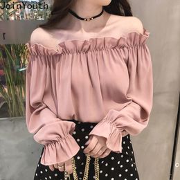 JoinYouth Ruffles Solid Blusas Mujer Spring Flare Sleeve New Fashion Blouses Women Solid Off Shoulder Sexy Shirts J391 210303