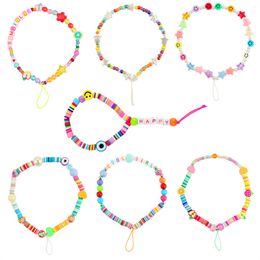 2021 Plastic beaded pearl mobile phones chain accessories smiley face five-pointed fruit soft pottery short mobiles phone lanyard