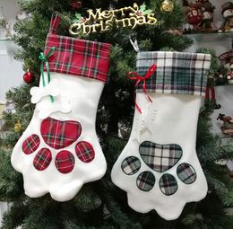 Christmas Stocking Pet Dog Cat Paw Gift Bag Plaid Xmas Stockings Christmas-Tree Ornaments Party Decor SN2912