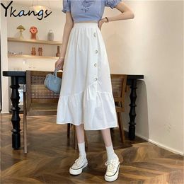 Korean Black Solid A-Line White Elastic High Waist Pleated Skirts Summer Buttons Fashion Retro Elegant Buttons Fishtail Skirt 210619