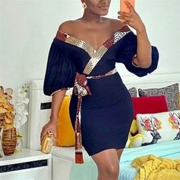 Navy Blue Off Shoulder Dress Sexy V Neck Lantern Sleeve Bodycon Evening Party African Dresses Plus Size Autumn Fashion 210527