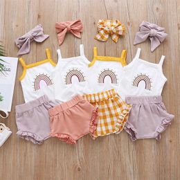 Fresh Baby Girl Rainbow Vest and Ruffles Short Clothing Set Lovely Outfit for Toddler +headband Cotton Christmas 210529