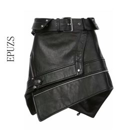Sexy Asymmetry fur leather skirts womens Zipper punk rock belt mini skirt Streetwear black high waist Skirts faldas mujer 210310