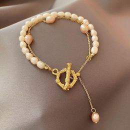 double strand pearls Australia - Beaded, Strands Freshwater Pearl Bracelet Real Gold Plating Fashion T-shaped Buckle Double Temperament Bangles For Women