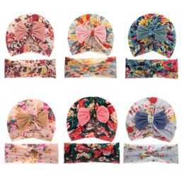 2 Pcs/Set Baby Hat Headband Flower Printed Kids Girl Bonnet Capd Soft Bows Infant Toddler Beanie Cap Turban Accessories