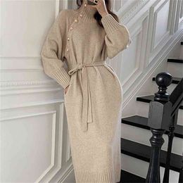 Winter Turtleneck Buttons Women Knitted Dress Elegant Full Sleeve Lace-up Female Thicken Long Sweater 210603