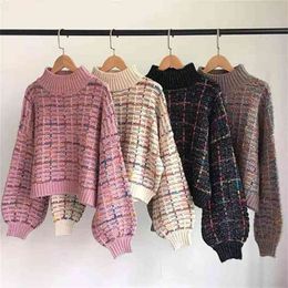 Autumn Winter Plaid Sweater Women Korean Lazy Wind Short Loose Casual Checkered Lantern Sleeve Pullovers Girls 210914