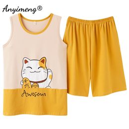 Pajamas for Women Summer Fashion Home Clothes Sleeveless Soft Cotton Sleepwear Big Size 2xl 3xl Two Piece Set Nightwear 210809